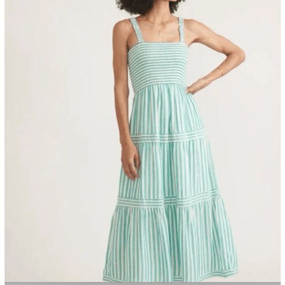 Marine Layer Selene Maxi Dress green white stripe Smocked Top Tiered Skirt Large